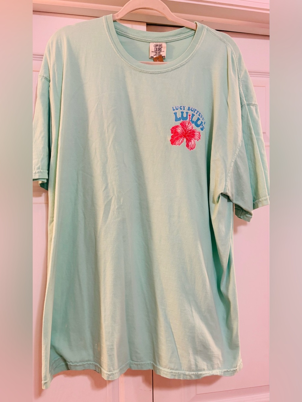 Comfort Colors Light Mint Lucy Buffett's LuLu's Tee with Pink Hibiscus 2XL